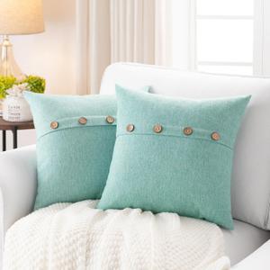 Meekio Set of 2 Aqua Square Pillow Covers 18 x 18 Summer Beach Pillow Covers with Coconut Buttons for Sofa Couch Living Room Bedroom Farmhouse Dcor for The Home