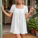 Women Square Neck Babydoll Mini Dress Y2k Puff Sleeve Flowy Short Dress Loose Bow Tie Ruffle Trim Going Out Sundress (White)