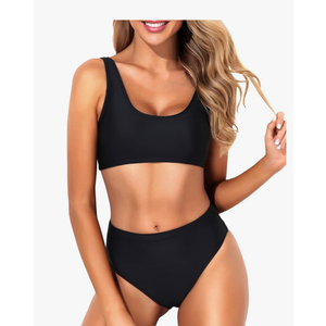 Tempt Me Women Two Piece Scoop Neck Bikini Crop Top Swimsuit Sporty High Waisted Bathing Suit, M