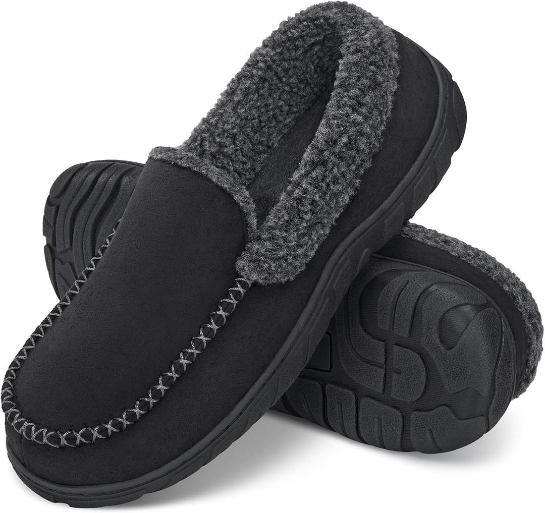 ATHMILE Men's Moccasin House Slippers, Memory Foam Arch Support, Plush Fuzzy Lining, Non-Slip Rubber Sole for Indoor/Outdoor Winter Comfort (9, Black)