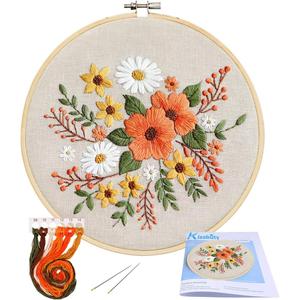KISSBUTY Embroidery Kit with Pattern, Bamboo Hoop, Color Threads, Floral Pattern (Flowers), for Kid