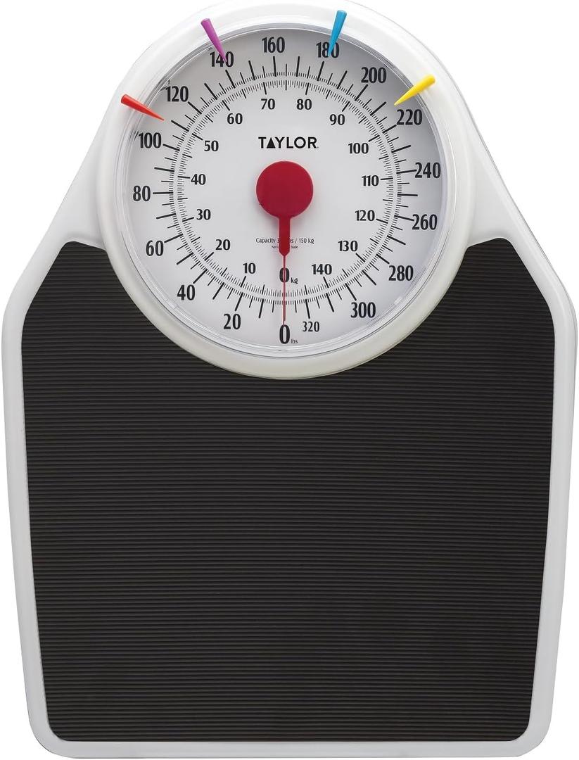 Taylor Battery Free Analog Scales for Body Weight, 330LB Capacity, Easy to Read Large 7-inch Dial, 18.4 x 13.7-inch Ribbed Mat Platform, Black (330 Pound, White)