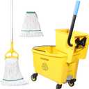 Side Press Wringer Combo Commercial Floor Cleaning Rectangular Mop Bucket on Wheels, 35-Qt, Yellow,Add One Mop and One Mop Head Replacement