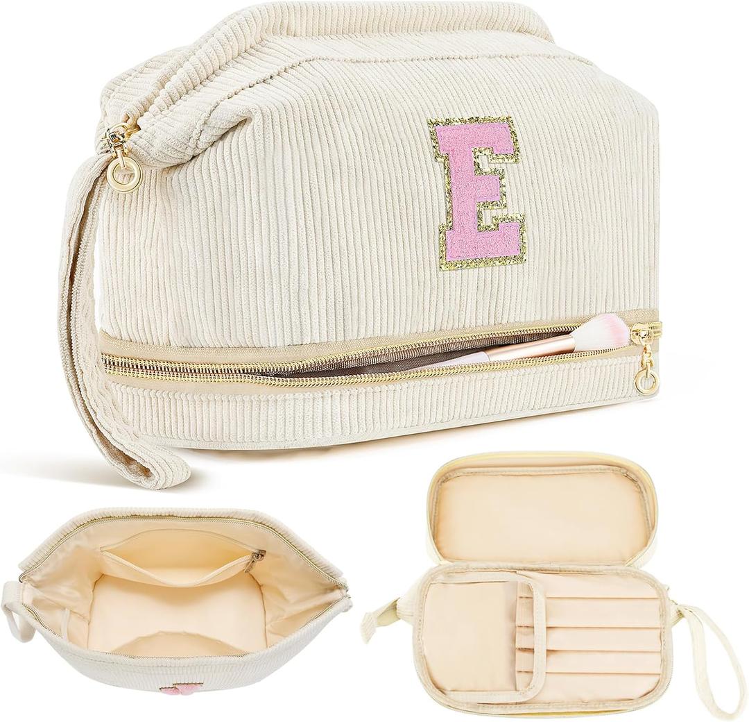 Makeup Bag for Girls Gift, Personalized Graduation Gifts Initial Women Makeup Bag for Travel, Teacher Appreciation Gifts Preppy Make up Bag Cosmetic Bag 18th Birthday Gifts for Teen Girl Trendy - E