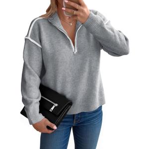 Saodimallsu Womens Quarter Zip Pullover Sweaters Casual Collared V Neck Color Block Long Sleeve Loose Knit Fall Sweater (Large, Gray)