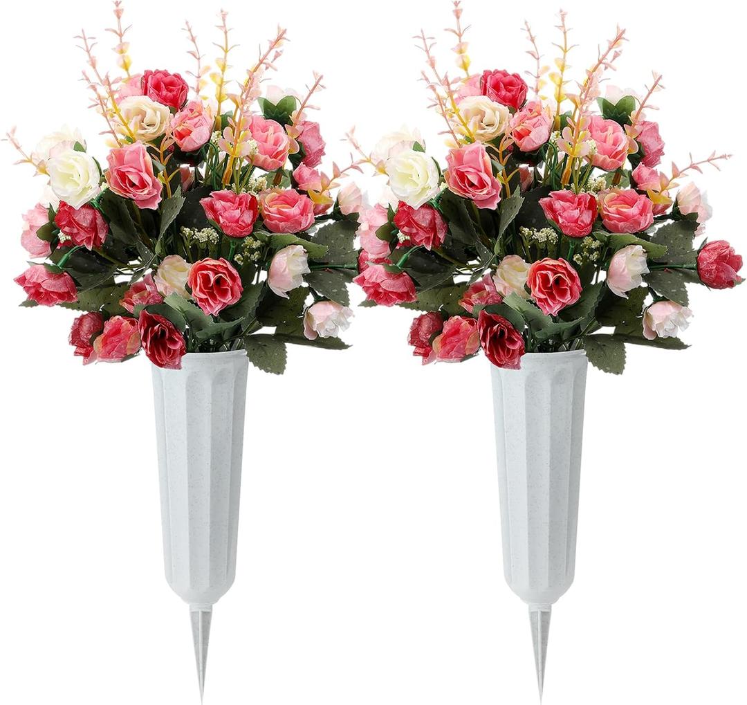 Thiccywoov 2 Set Artificial Pink Rose Cemetery Flowers with Vase for Grave Pink Silk Rose Bouquet Graveyard Memorial Flowers for Headstones Cemetery Decor
