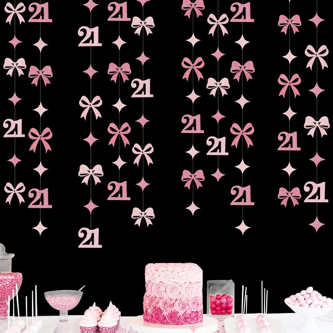 Glitter Pink 21st Bow Birthday Decorations Hot Pink Conquette Bow Garland Streamer Banner Backdrop for Girls Happy 21st Birthday Finally Legal Cheers to 21 Years Old Anniversary Party Supplies