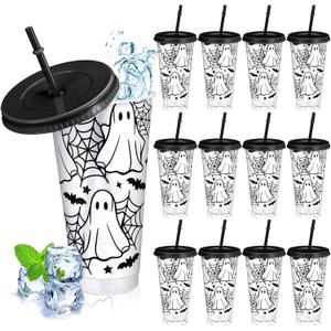 10 Pack Halloween Plastic Cups with Lids and Straws 24 oz Reusable Halloween Tumbler Ghost Drinking Coffee Cup for Women Home Office Decoration Birthday Party Favors