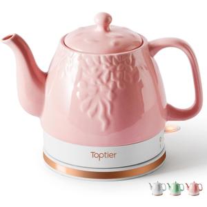 Toptier Electric Ceramic Tea Kettle, Boil Water Quickly and Easily, Detachable Swivel Base & Boil Dry Protection, Carefree Auto Shut Off, 1 L (1 LITER, Light Pink)