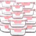 12 Pack Glass Storage Containers with Lids, Leak-Proof Meal Prep Containers, Dishwasher/Microwave/Oven/Freezer Safe Glass Food Storage Containers for Leftovers, to Go (Pink)