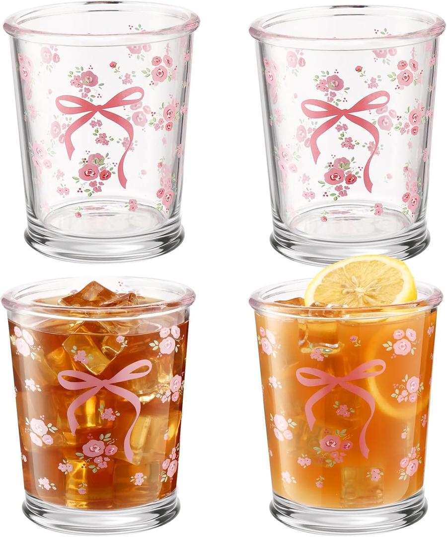 Maxdot 4 Pcs 8oz Coquette Bow Glass Cups Pink Bow Aesthetic Drinking Glasses Cute Coffee Mugs Wine Glasses Coquette Gifts for Women Girls Birthday Wedding Bridal Shower(Bow and Rose)