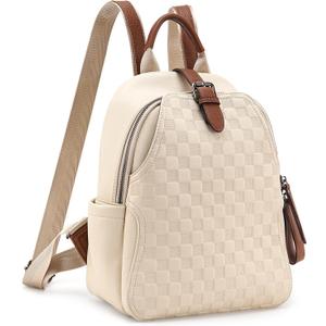 Small Backpack Purse for Women, Cute Plaid PU Leather Women Backpack Rucksack Lightweight Shoulder School Bag & Travel Daypack for Work White