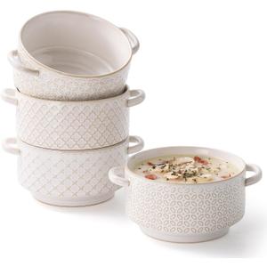 DOWAN Soup Bowls with Handles, Oven Safe French Onion Soup Bowls, 26 oz Large Soup Bowl for Chilli, Beef Stew, Ceramic Soup Crocks Set of 4, Microwave & Dishwasher Safe