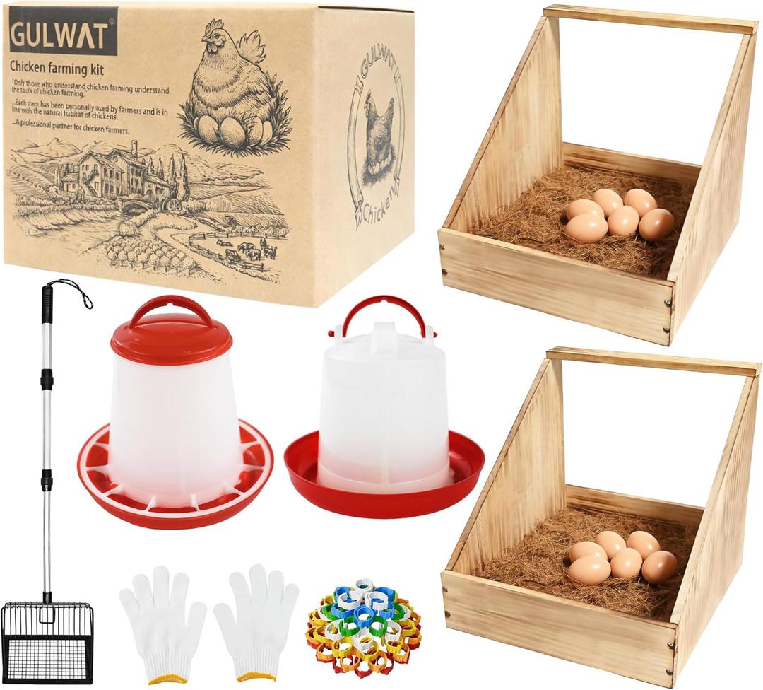 61pcs Novice Home Chicken Farming Set, 2 Pieces Nesting Boxes for Chickens, Coop Scoop for Sand, Chick Feeder and Waterer Set, 6pcs Wooden Eggs for Chicken Coop, 50Pieces Chicken Leg Bands Multicolor