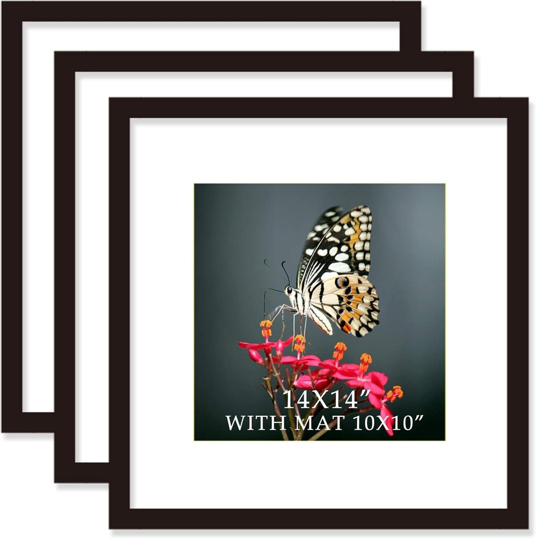 14x14 Frame Black With Mat 10x10 Solid Wood Picture Frames Wall Mounting (3 pack, 14x14 Inch)