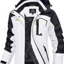 MAGCOMSEN Womens Ski Jacket Waterproof Insulated Snow Jacket Warm Windproof Winter Coats with Hood Fleece Lined Jacket (XX-Large, White Black)