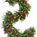 WBHome Real Touch Mixed Evergreen with Pinecones Foliage Prelit Garland, Winter Greenery Garland for Christmas Holiday Seasonal Outdoor/Indoor Home Decor Mantle, 6FT Long