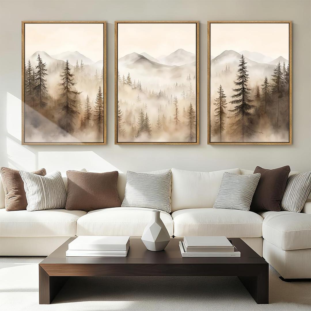 IARTTOP Large Mountain Forest Framed Canvas Wall Art 16x24 Inch Set of 3 Abstract Misty Woodland Painting Modern Farmhouse Art Prints for Living room Dining room