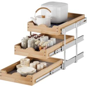 DINDON 3 Tier Pull Out Cabinet Organizer 11 W X21 D Slide Out Wood Drawer With Shelf Liner For Kitchen Pantry Organization