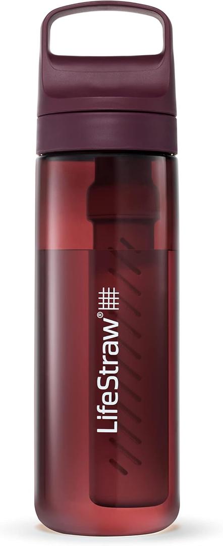 LifeStraw Go Series  BPA-Free Water Filter Bottle for Travel and Everyday use removes Bacteria, parasites and microplastics, Improves Taste, 22oz Merlot Me Away