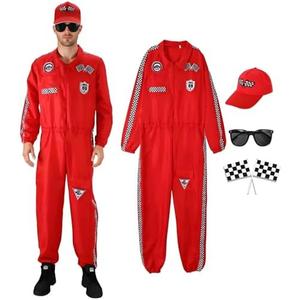 XYHKOBB 5PCS Racing Car Driver Costume for Adults Men, Red Racer Jumpsuit Halloween Cosplay Outfit with Hat Sunglasses Flags, Large 