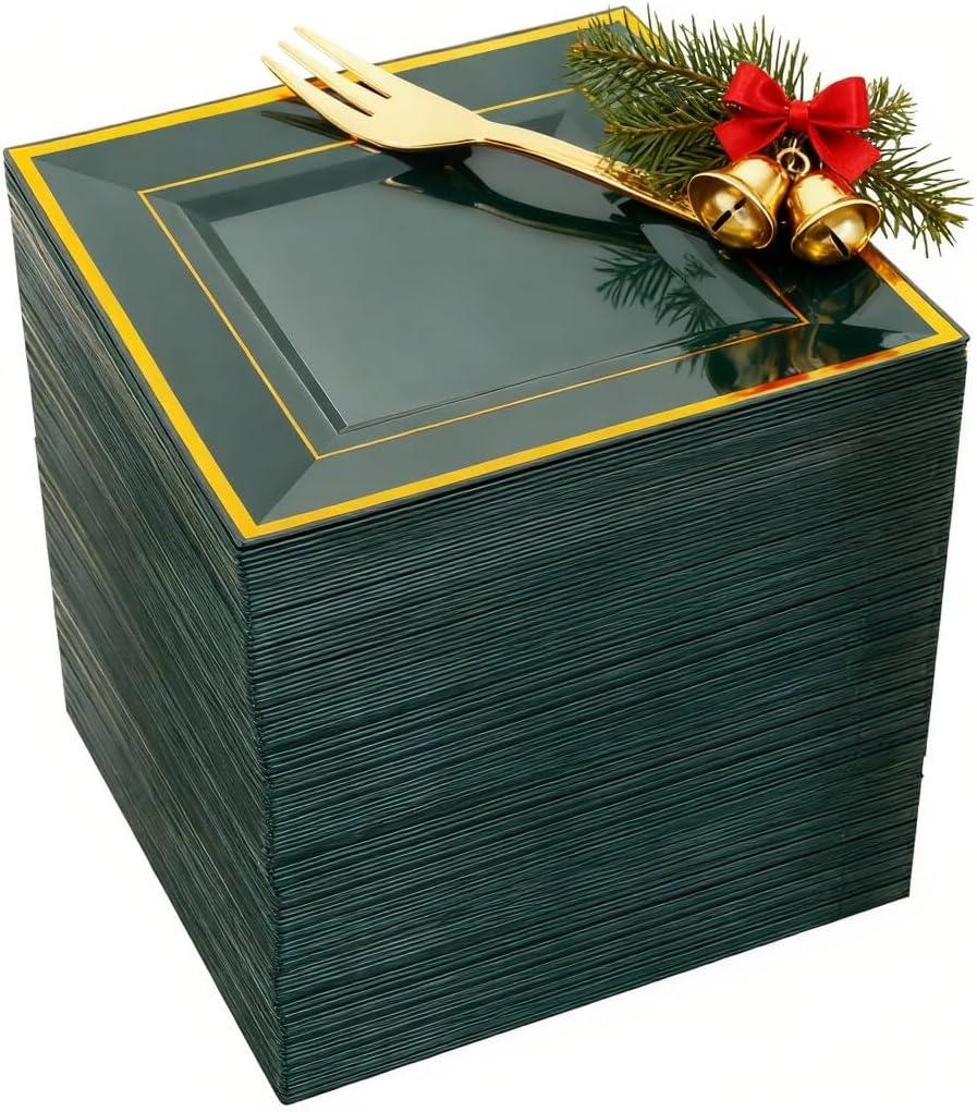 WDF 200PCS Green and Gold Plastic Dessert Plates with Plastic Forks -6 100 Square Disposable Appetizer Plates Small Plates Cake Plates with Gold&100 Green Small Appetizer Forks for Christmas