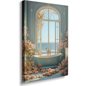 Framed Blue Sea Coast Ocean Flower Prints Bathroom Bathtub Scene Picture Wall Decor Gift Coastal Window Floral Canvas Wall Art Painting Poster Artwork (16"x24")