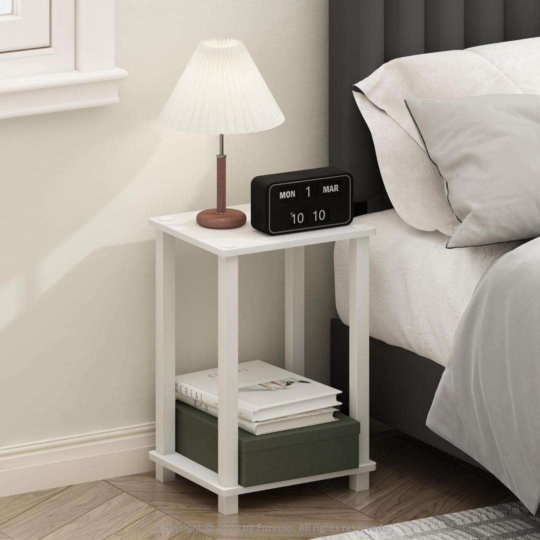 Furinno Simplistic Night Stand, 2-Tier Small Nightstand with Open Shelf, Toolless Assembly Bedside Table, End Table, Side Table, for Bedroom, Closet, Dorm, White, 2-Tier, Square Tubes