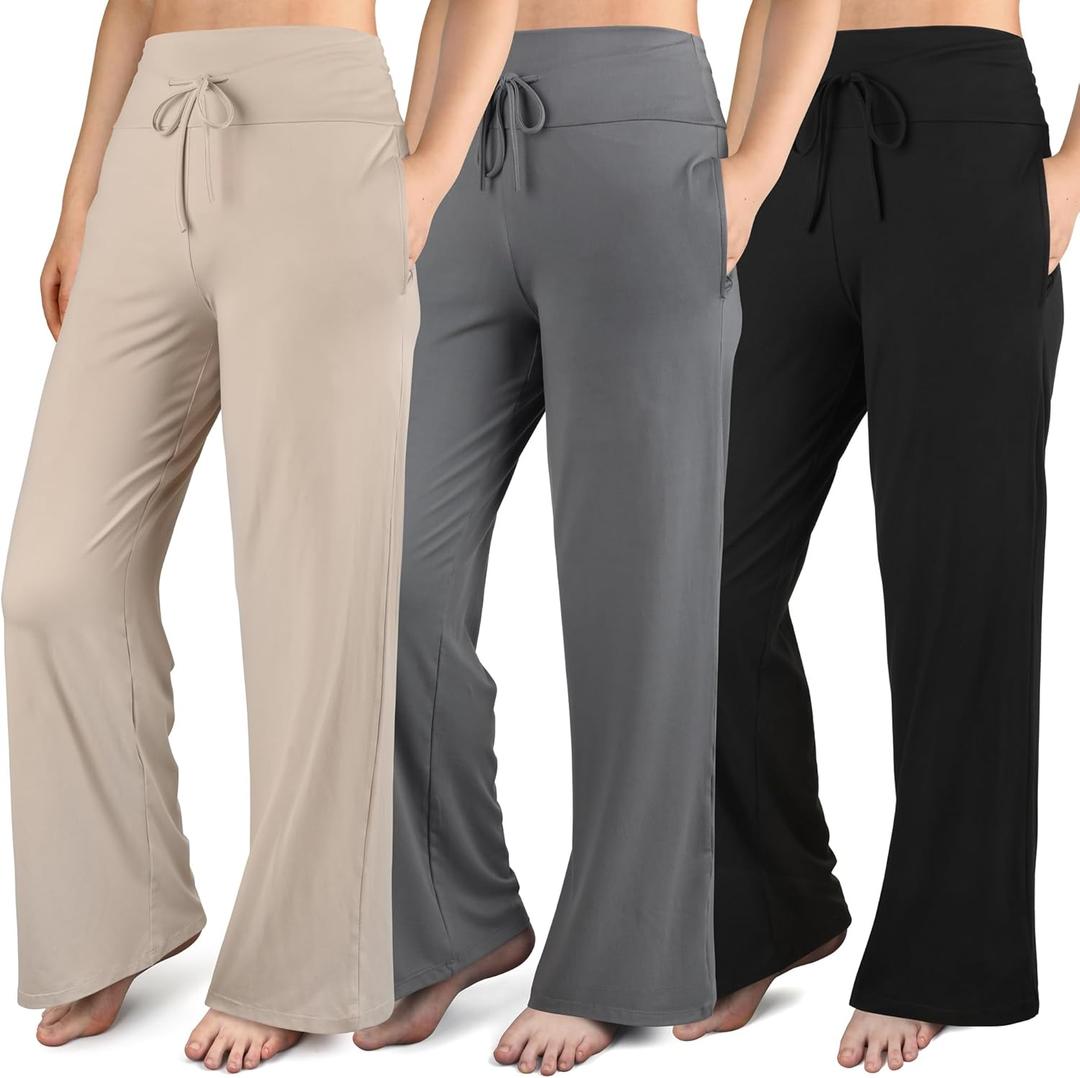 3 Pack Womens Wide Leg Pants with Pockets Comfy Casual Yoga Lounge Pant Sweatpants Loose Pajama Pants (XX-Large, Pure Black, Grey, Khaki)
