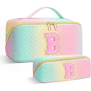 Personalized Initial Travel Makeup Bag | Trendy Girls Make up bags, Large Capacity Colorful Cosmetic Bag Organizer for Women, Leather Waterproof Open Flat Toiletry Bags for Teen friends Gifts - B