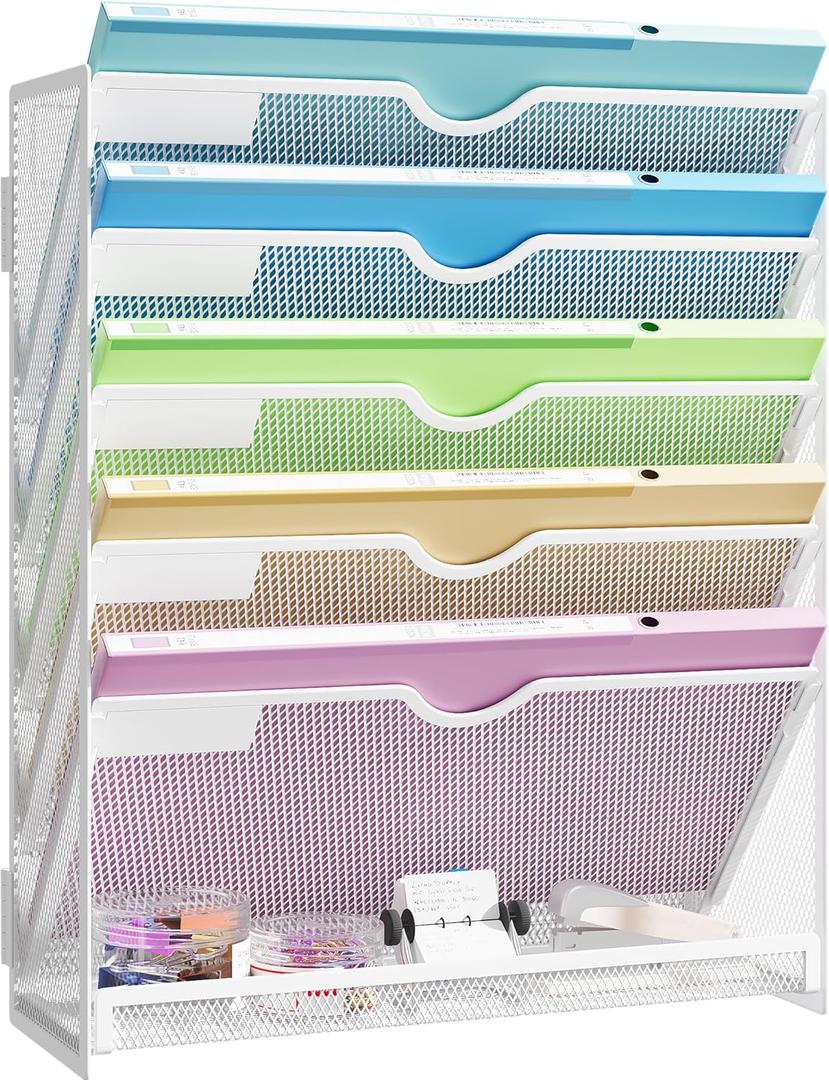 Hanging Wall File Organizer 6-Tier Wall Mount Mail Organizer & Desk Paper Organizer, Sleek White Metal File Folder Holder for Office, Cubicle, Bedroom | All-in-One Document Storage Shelf