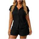 Oplxuo Textured 2 Piece Outfit for Women Short Sleeve Button Down Shirt and Elastic Waist Shorts Set Casual Loungewear, S