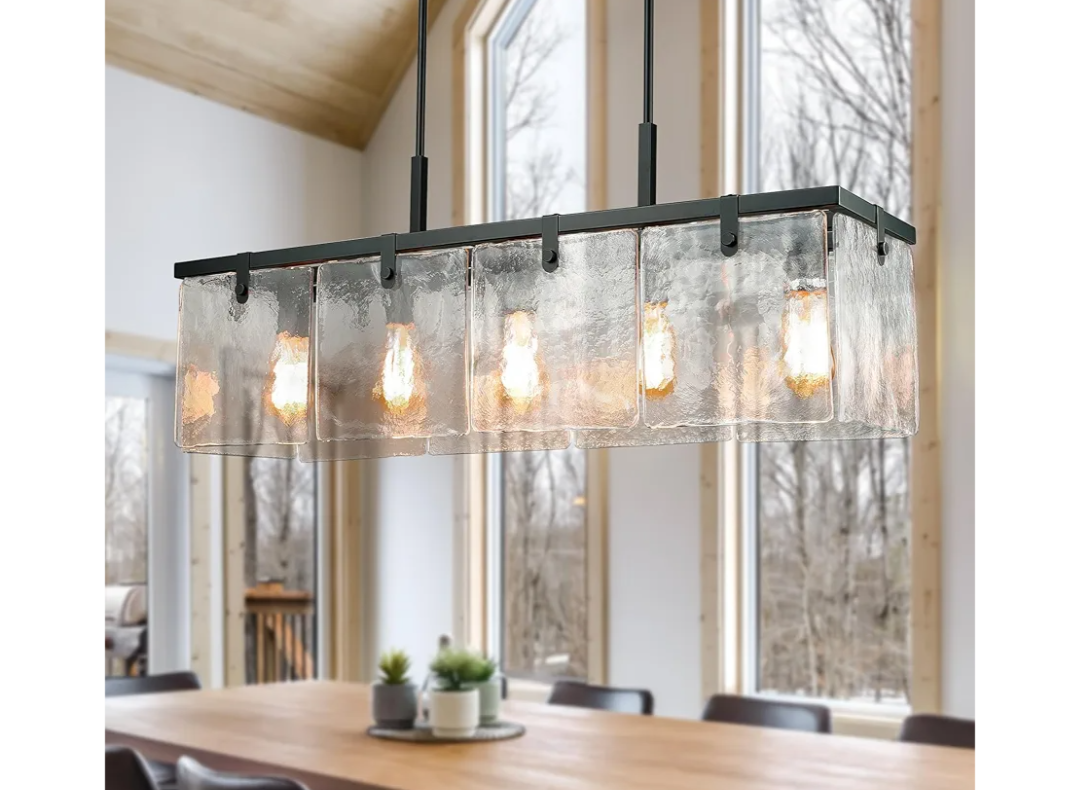 IKK Modern Textured Glass Chandeliers for Dining Room, 37" Rectangular Island Light Fixture, Rectangle Farmhouse Lighting for Kitchen Island, Living Room, L37 x W9.8 x H9.5