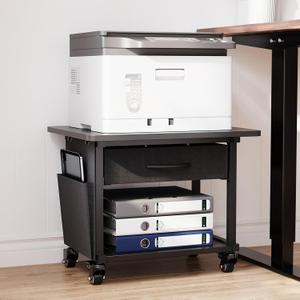 2 Tier Printer Stand with Storage Drawer - Under Desk Rolling Printer Cart for Home Office, Small Printer Table with Industrial Locking Wheels fit Fax Machine/Scanner (Black)