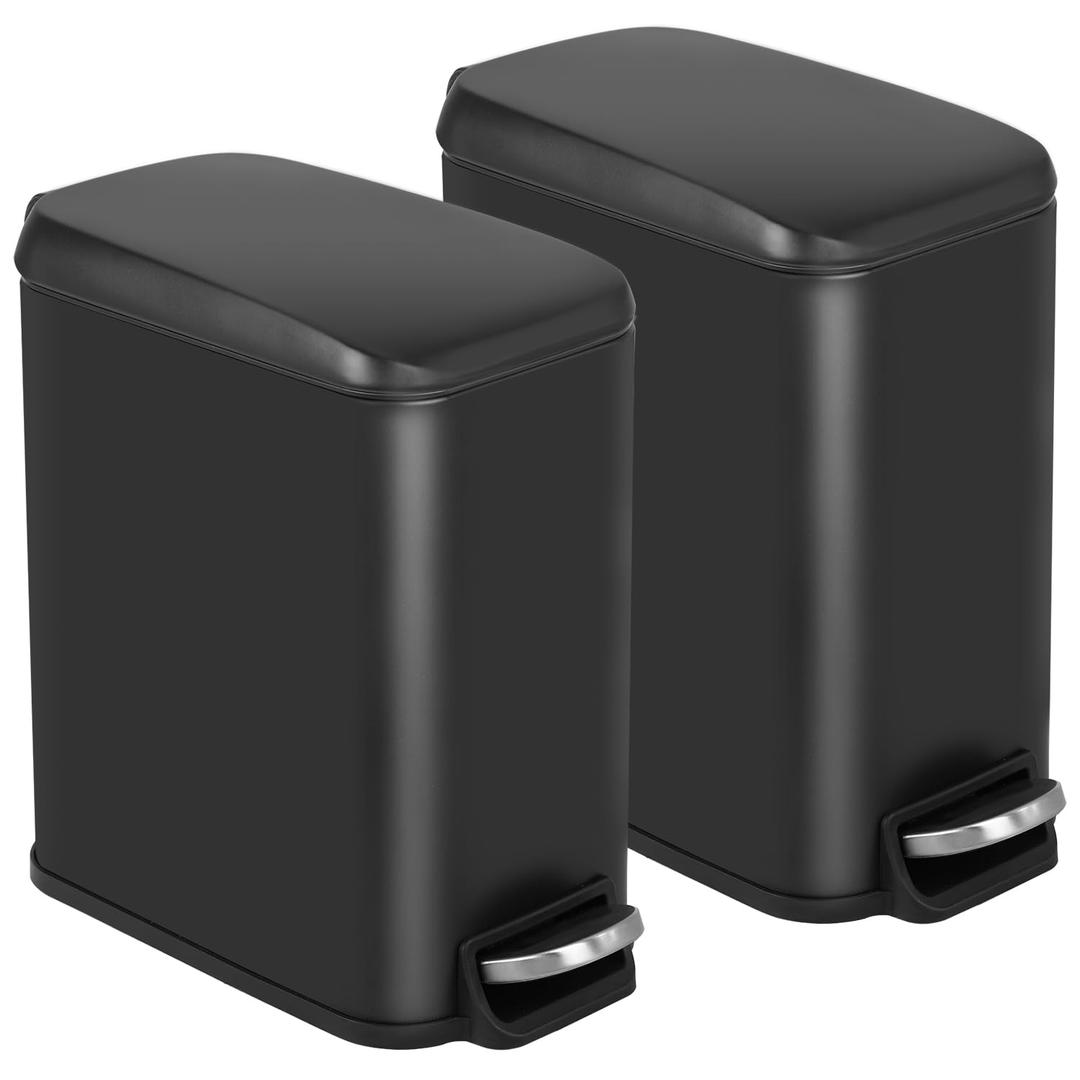 BestOffice Bathroom Trash Can with Lid, 1.3 Gallon Step Pedal Small Trash Can, Black Stainless Trash Bin for Bathroom, Bedroom, Kitchen, Office (5L)