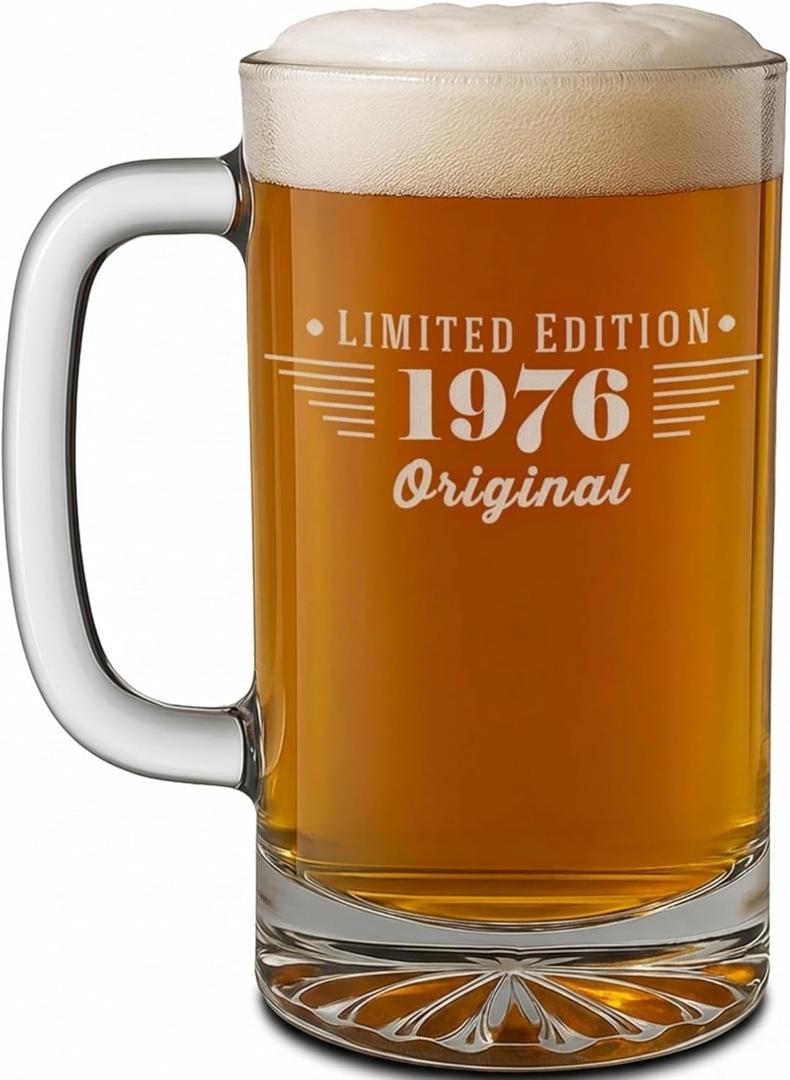 Vintage 1976 Etched 16oz Glass Beer Mug Stein - Happy 50th Birthday Gifts for Him Men Women, Cheers to Turning 50 Year Old Man Decoration Decor, Anniversary Bday Party Supplies Favors Maverick