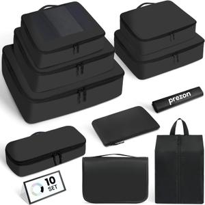 Packing Cubes for Travel | 10 Set, 8 Set |Durable Luggage Organizer 4 Size(Extra Large, Large, Medium, Small),Comprehensive Cubes for Toiletry,Underwear, Shoe,Travel Essentials,Efficient Women Gifts (Black)
