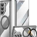 for Samsung Galaxy Z Fold 6 Non-Yellowing Case [Compatible with MagSafe] 360 Rotatable Ring Stand, Electroplated & Hinge Protection & Screen Protector, Magnetic Slim Clear Phone Case, Black