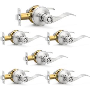 6 Pack Brushed Nickel Door Handles Privacy Door Levers, Heavy Duty Bed and Bath Door Locks Interior Door Knobs, Reversible Keyless Wave Lever Door Handles (Satin Nickel Finish)