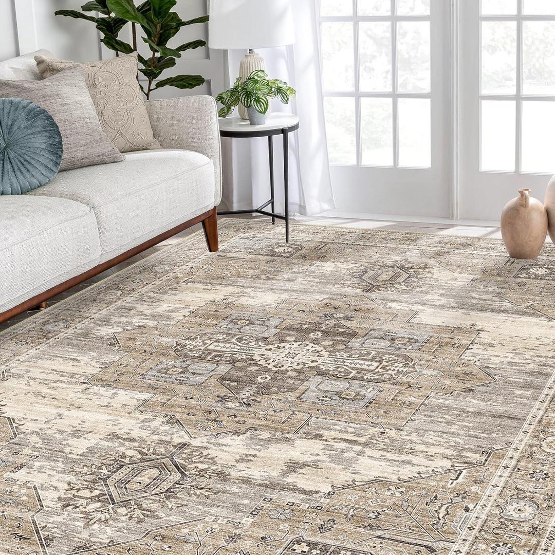 RUUGME Washable 5x7 Area Rugs - Large Rugs for Living Room Stain Resistant Carpet Vintage Rugs for Bedroom with Non Slip Backing Home Decor Floor Decoration Mat (5x7 Beige)
