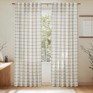 NICETOWN Plaid Window Curtain, Linen Sheer Curtains 84 inches Long for Living Room and Bedroom Drape with Rod Pocket Back Tab, Farmhouse Shade, 52" x 84", White, 1 Pair