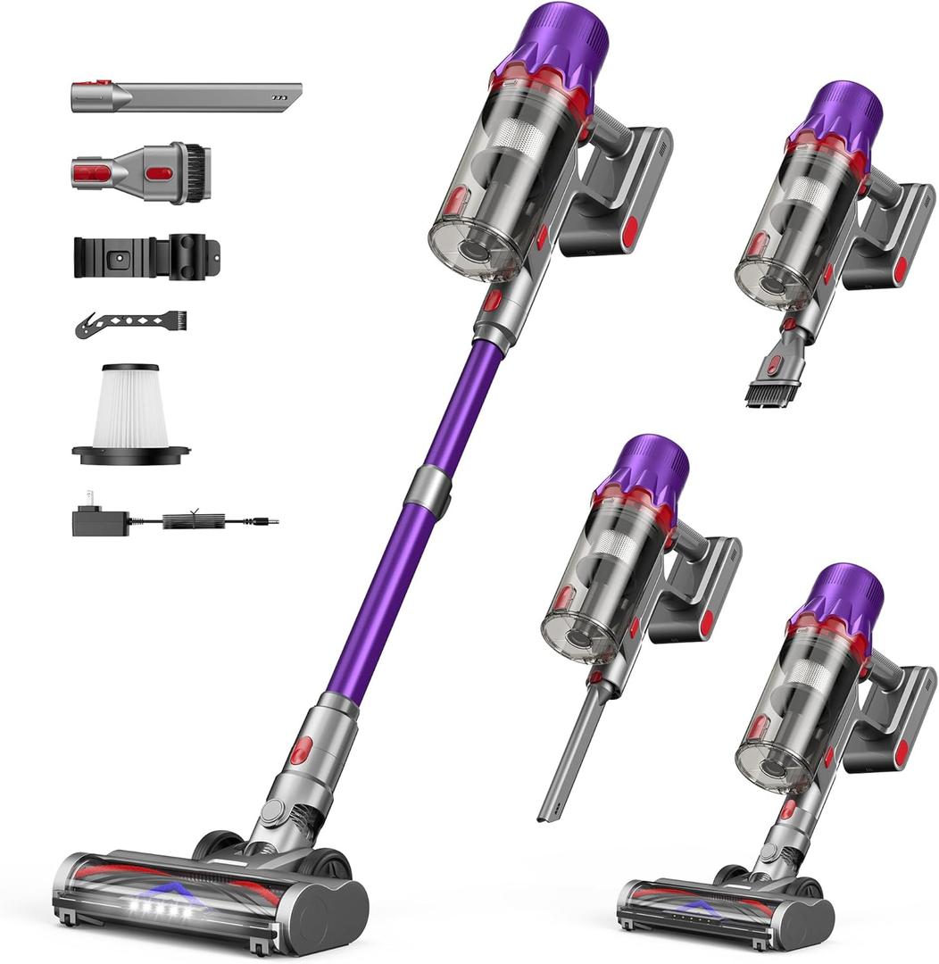 Cordless Vacuum Cleaner - Powerful Stick Vacuum with HEPA Filter, 55-Min Runtime, LED Light, Anti-Tangle Brush, Detachable Battery, Lightweight for Home, Pet Hair, Carpets & Hard Floors (Purple)