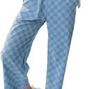 SELINK Women Casual Checkered Elastic High Waist Loose Pajama Pants with Pockets Plaid Straight Wide Leg Soft Daily Trousers (Blue, S)