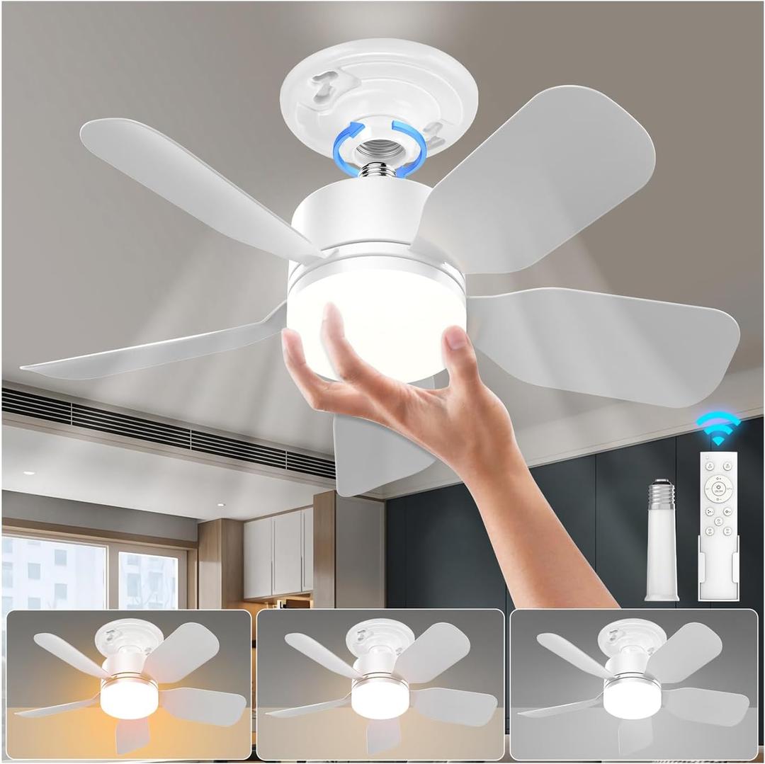 20" Socket Fan Light with Remote, 30W 2000 Lumens, 3 Colors 3000-6000K Small Ceiling Fans with Lights and Remote 6 Speed Wind Light Bulb Fan for Bedroom, Kitchen, Laundry Room, Garage, Pack of 2