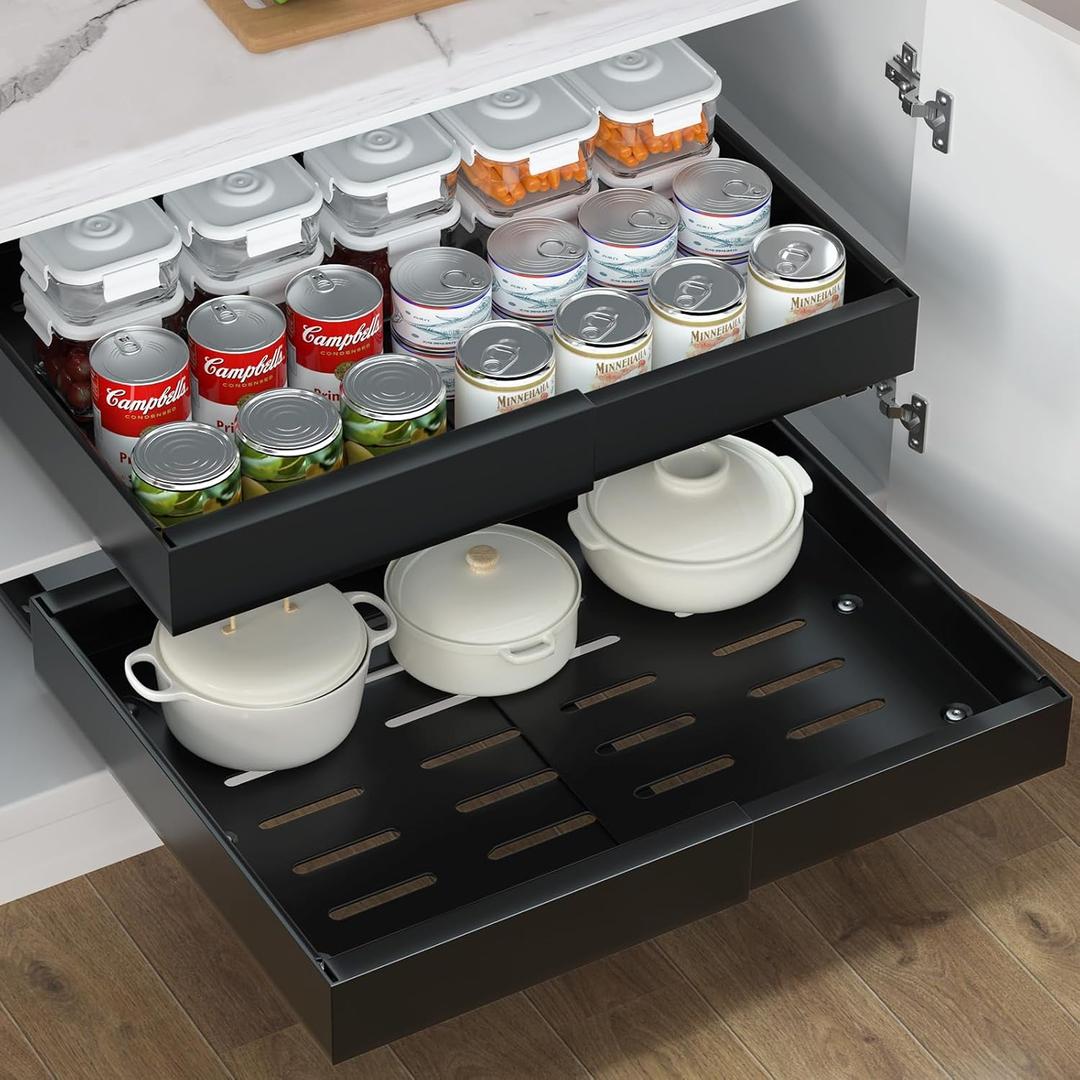 Pull Out Cabinet Organizer, Expandable(12.6"-20.47") Slide Out Drawers for Kitchen Cabinets, Cabinet Drawers Fixed with Adhesive Nano Film, Cabinet Roll Out Shelf in Pantry or Living Room, 16.54" Deep (1 Pack-Black)
