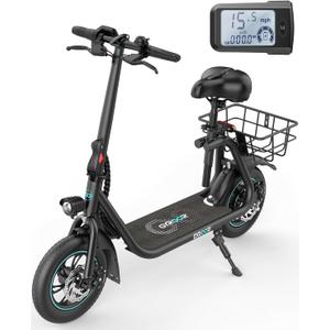 Gyroor Electric Scooter for Adults with Seat, 20/25 Miles Range 450W Motor up to 15.5/18.6 MPH Speed LCD Display, Electric Scooter with Basket (Bright Black)