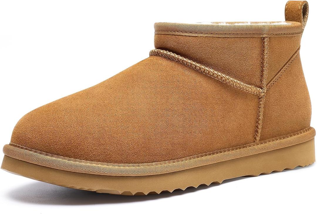 bebealy Genuine Suede Mini Boots for Women Winter Fuzzy Snow Boots Short Ankle Boot with Fur Lined (9, Chestnut)