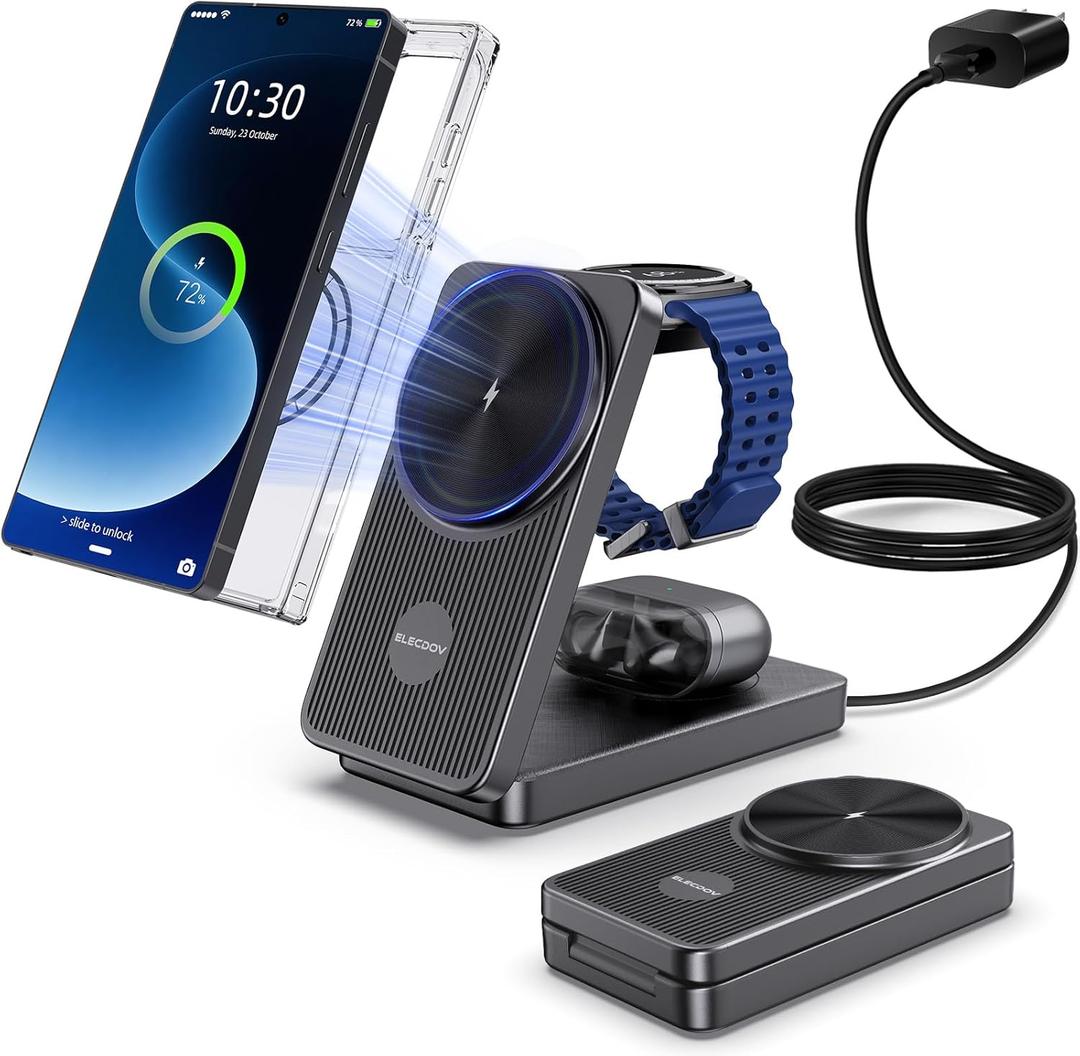 3 in 1 Magnetic Wireless Charger for Samsung, Foldable Android Charging Station for Galaxy S26/S25 Ultra /S24/Z Fold 7/Flip 7, Magnetic Watch Charger Stand for Galaxy Watch Ultra 8/7/Buds 4 for Travel