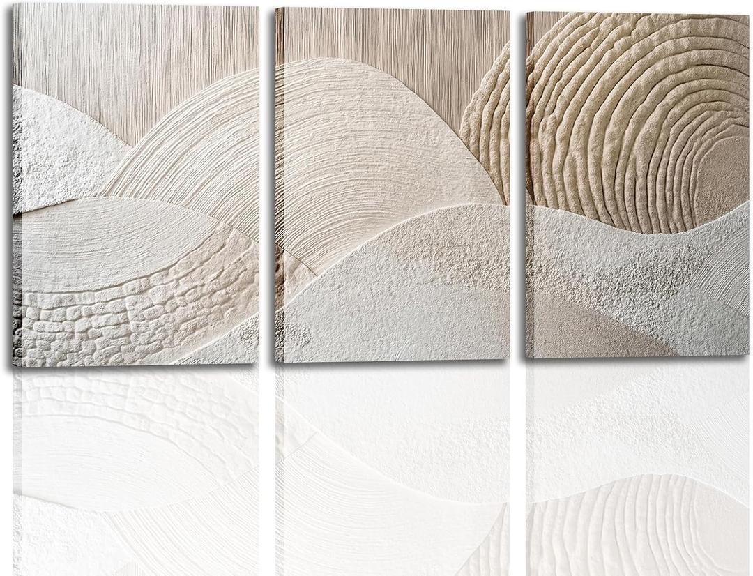 skysoon 3 Panels Neutral Abstract Wall Art, Minimalist Textured Canvas Wrapped Wall Decor, Beige Modern Boho Nordic Artwork for Living Room Bedroom Office 16x24 Inch
