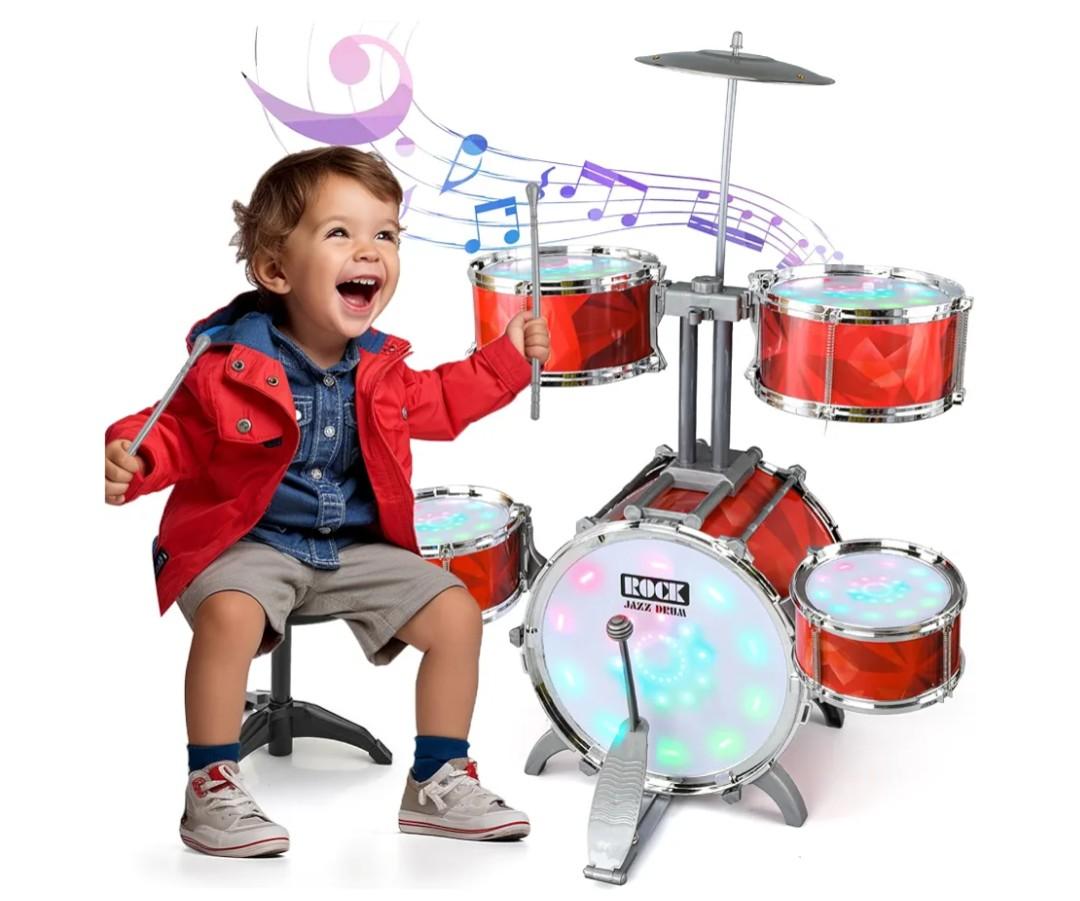 Toddlers Drum Set for Kids 1-3 3-5 with Stool Toys, Higher Bracket of Musical Drum Toys for Toddlers, Red Drumset for Girls Boys 2-4 4-6 Years